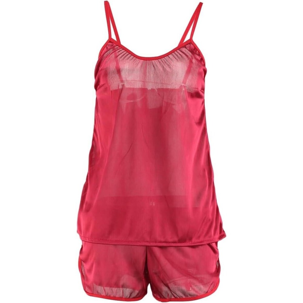 Pajama Camisole Top & Shorts with Ruffle Sleepwear Set for Women Silk Small RED